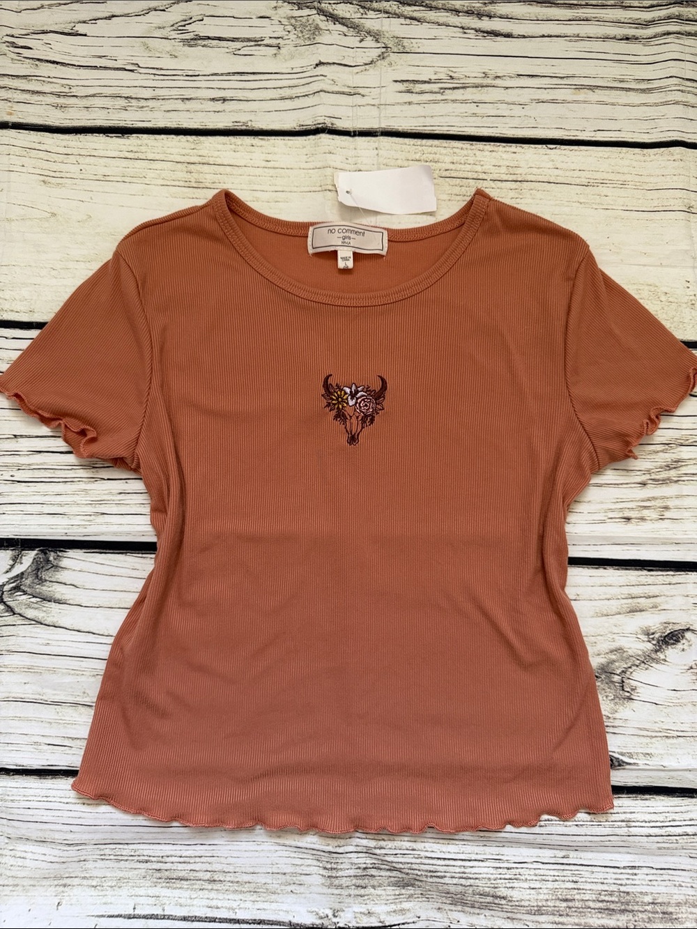 ♡ No Comment Girls Rust Ribbed Short Sleeve Tee Floral Country Embroidery 14 L